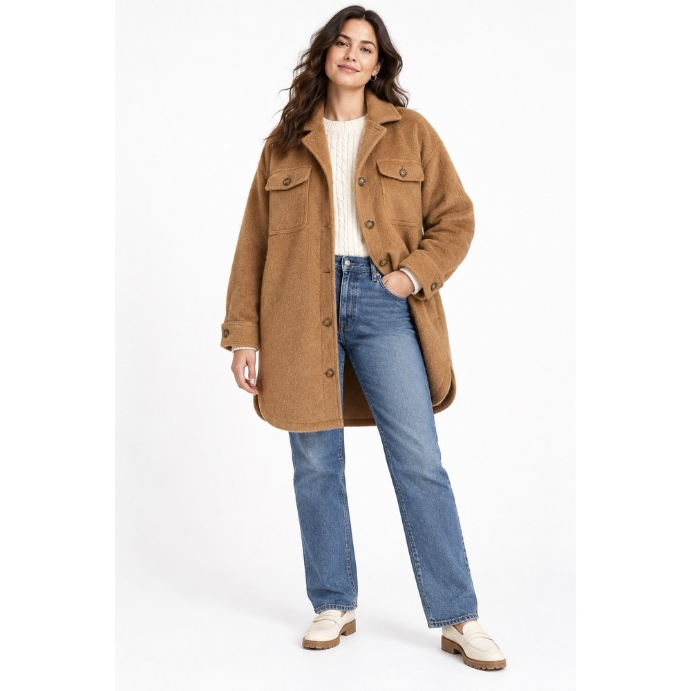 Old Navy Women L Tall Soft-Brushed Long Utility Shacket Camel Wool Blend